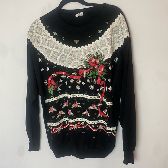Vintage Land & Sea Ugly Christmas Puff Paint Sweatshirt Black Women’s XL - Picture 1 of 6